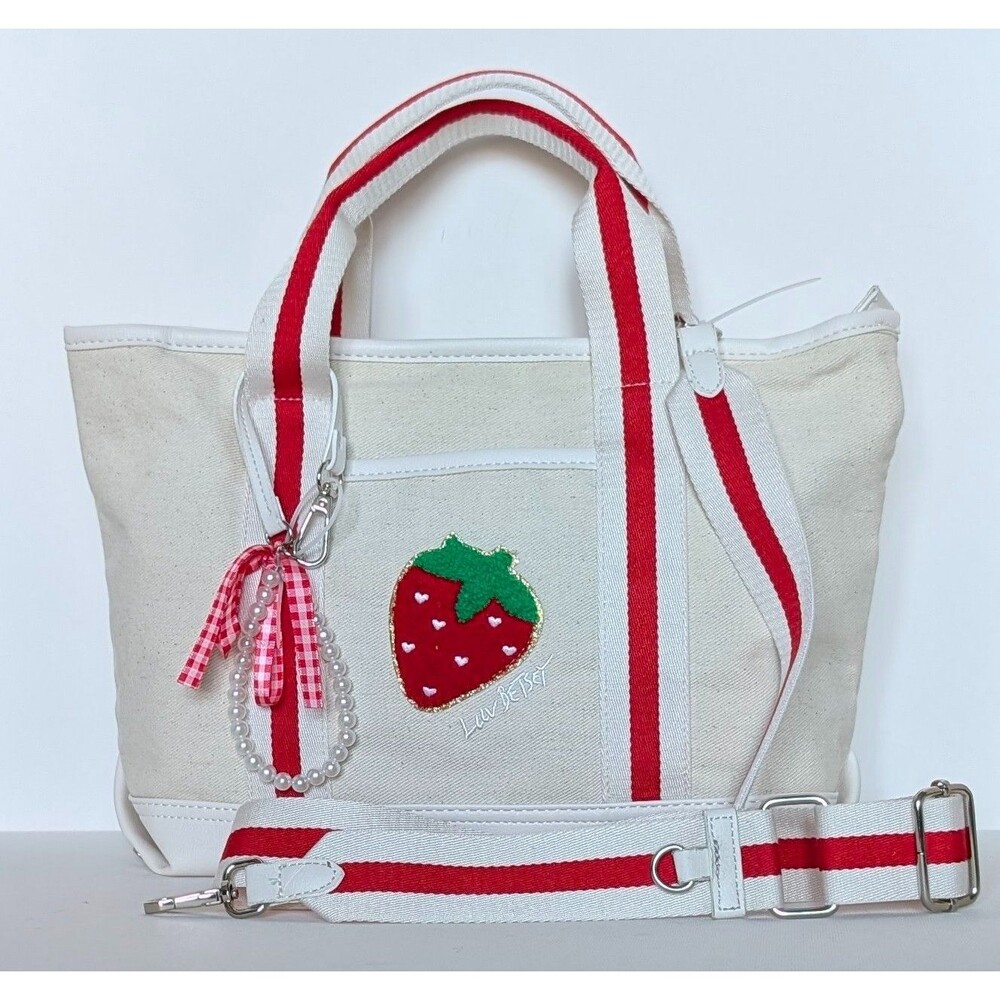 Betsey Johnson Strawberry Woven Gingham Tote Crossbody Bag Pearl Charm NWT